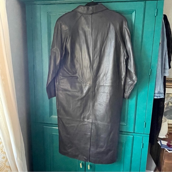 Vintage Black Leather Long Double-Breasted Coat – Trench Jacket Shawl Collar PM - Picture 6 of 8